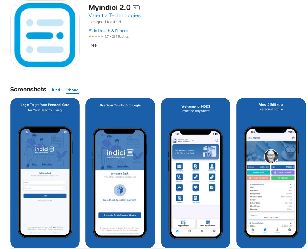 myindici 2.0 app screenshots showing login, Touch-ID, dashboard and personal profile screens